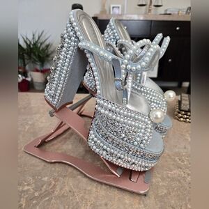 Azalea Wang Something Blue pearl embellished platform heeled sandals.  Size 7.5